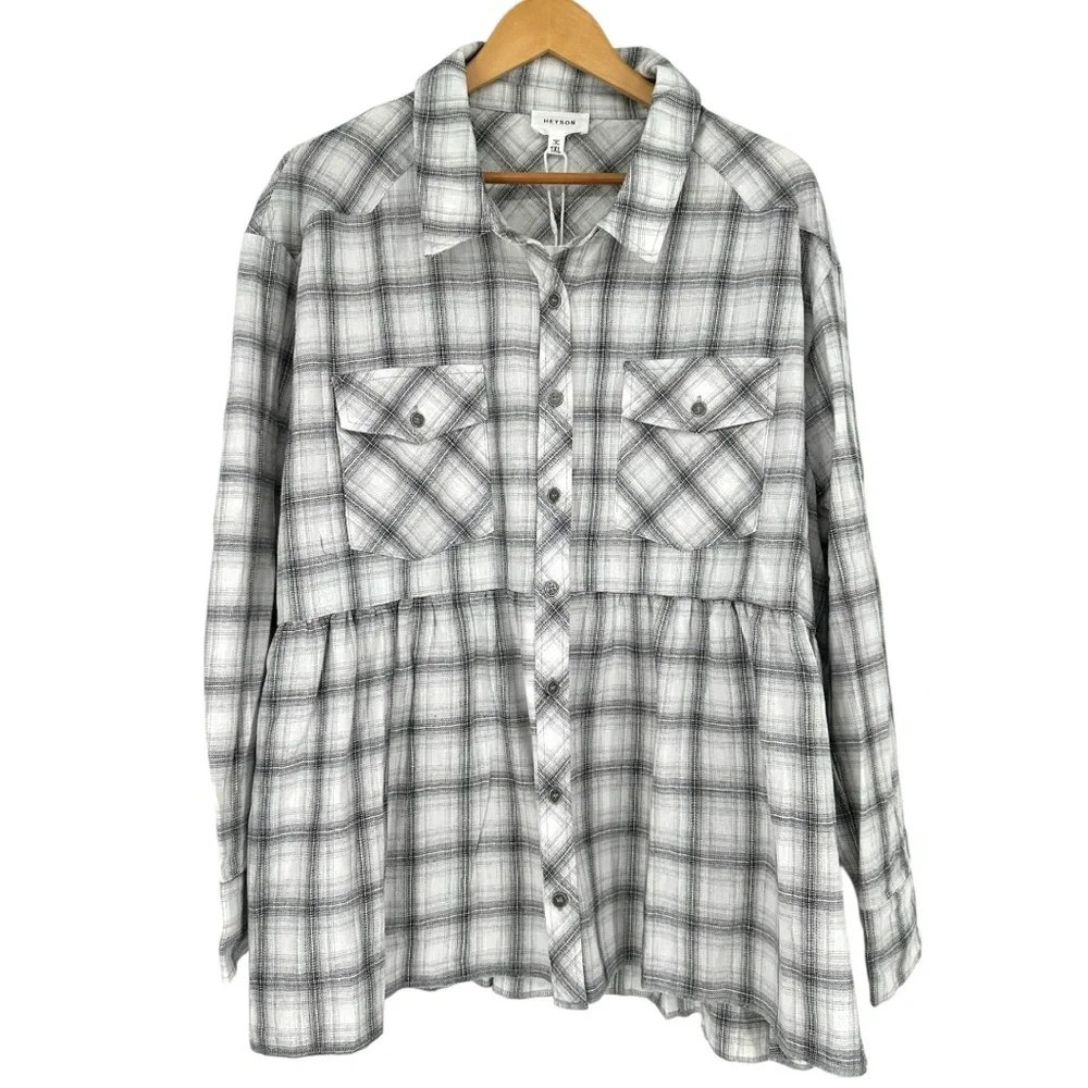 Heyson Make your Mark Top size 1X Plaid Long Sleeves Babydoll NWT